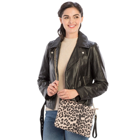 Crossbody handbag leopard pattern with wristlet strap 2 colors