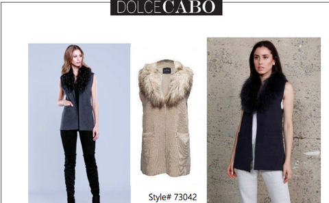 Dolce Cabo raccoon collar vest # 73042 beige and navy