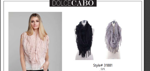 Dolce Cabo infinity fur scarf with fringe trim 3 colors # 31881