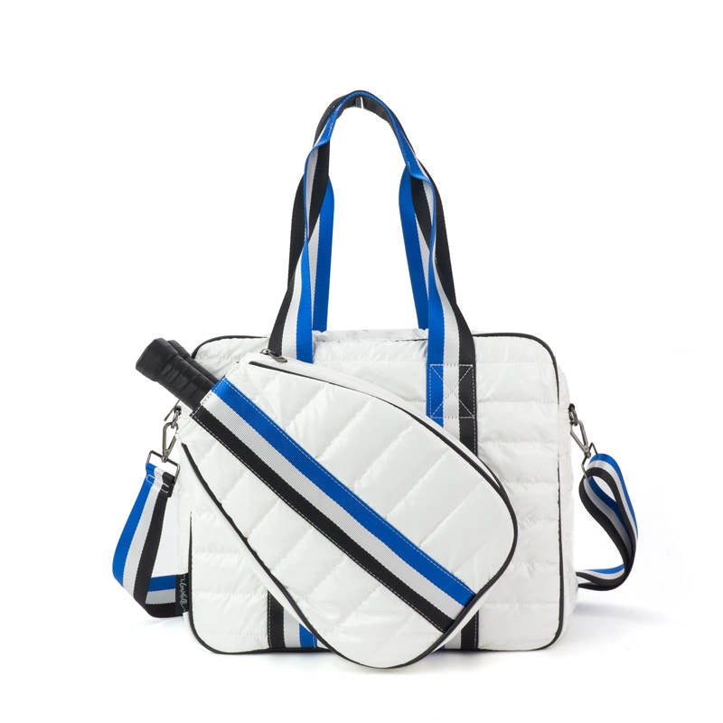 Pickle ball tote bags Judy white with blue stripe with free customization